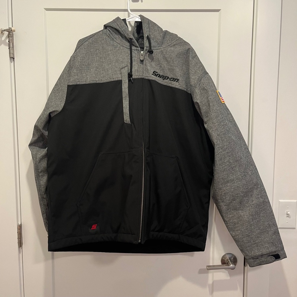 Snap-on Tools Hooded Jacket Mens 2XL Black Gray Quilted Full Zip Workwear Coat